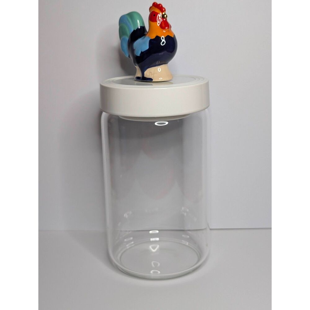 Nora Fleming Glass Storage Canister Pinstripe Lid w/ Rooster Mini A267